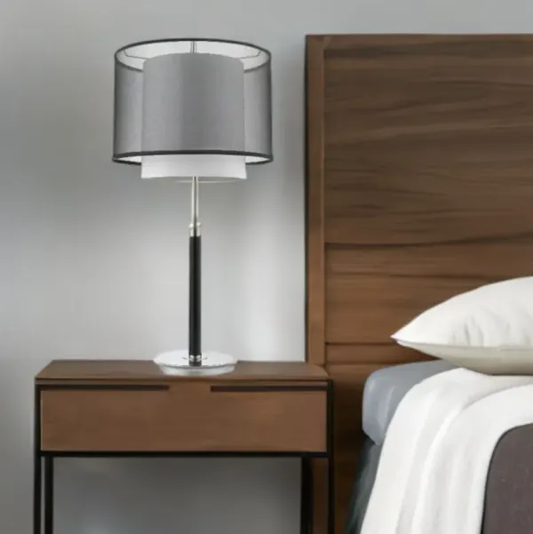 Metal Column Lamp With Black And White Drum Shade - Black And Silver