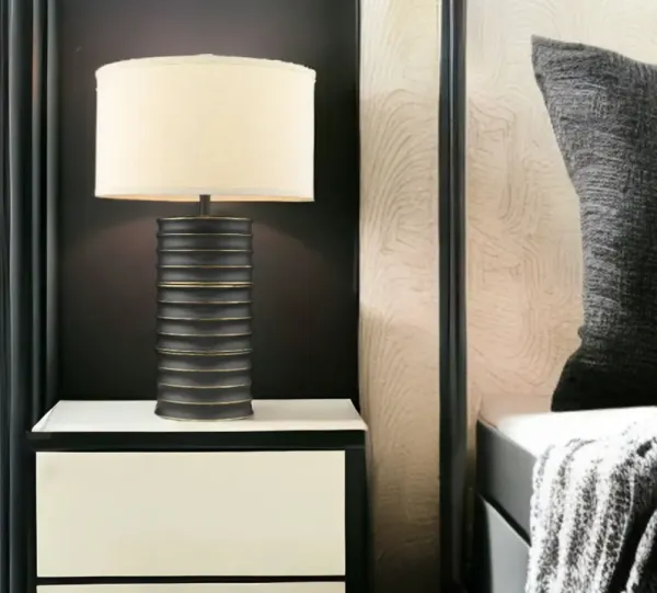 Metal Column Lamp With Off-White Drum Shade - Black