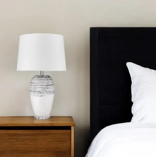 Ceramic Column Lamp With White Drum Shade - Black And White