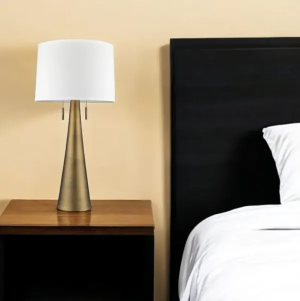 Metal Two Light Table Lamp With White Empire Shade - Brass