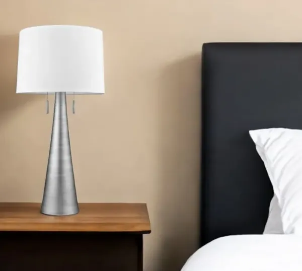 Metal Two Light Table Lamp With White Empire Shade - Silver