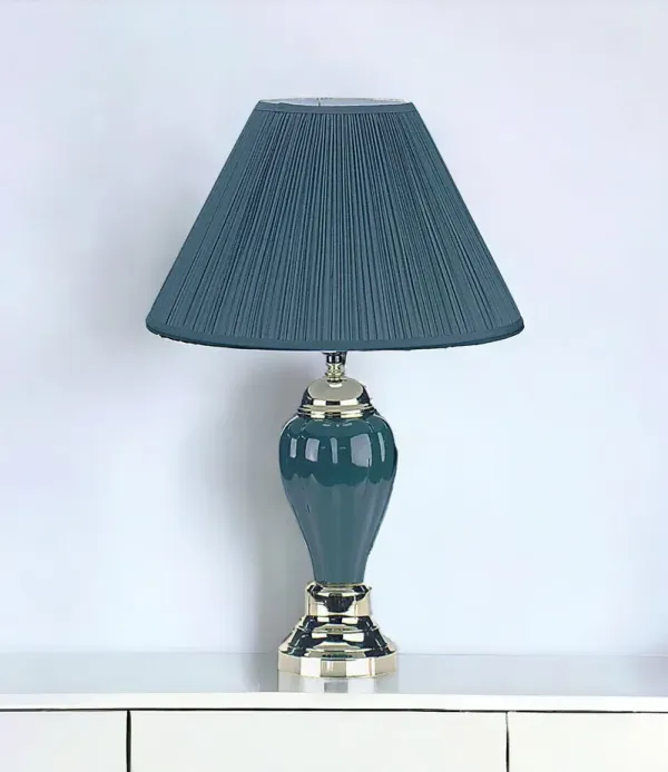 Ceramic Urn Table Lamp With Teal Blue Empire Shade - Teal Blue And Gold