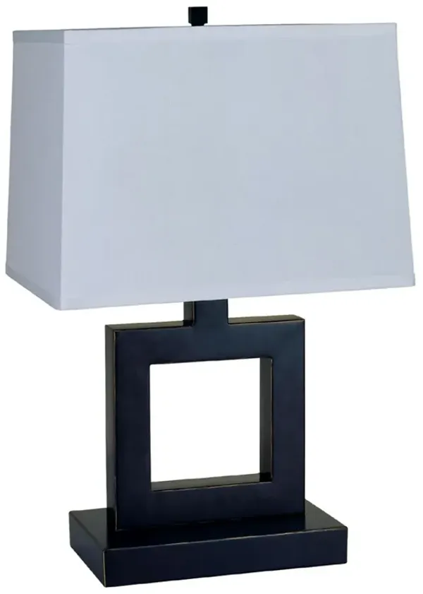 Open Square Table Lamp With White Rectangle Shade - Bronze