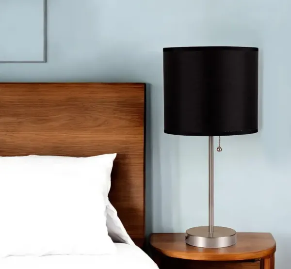 Metal Candlestick Table Lamp With Black Classic Drum Shade - Silver