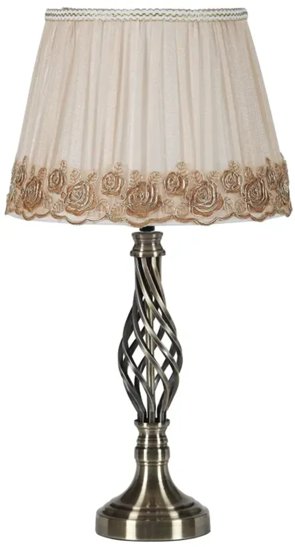 Metal Table Lamp With White And Brown Classic Empire Shade - Antiqued Brass