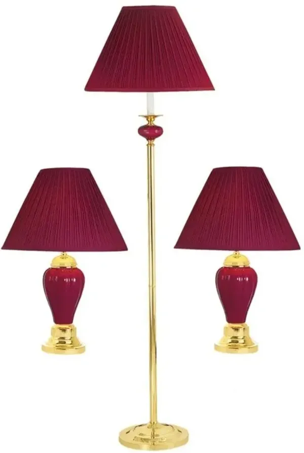 Ceramic Bedside Floor And Table Lamp Set With Red Empire Shade (Set of 3) - Gold