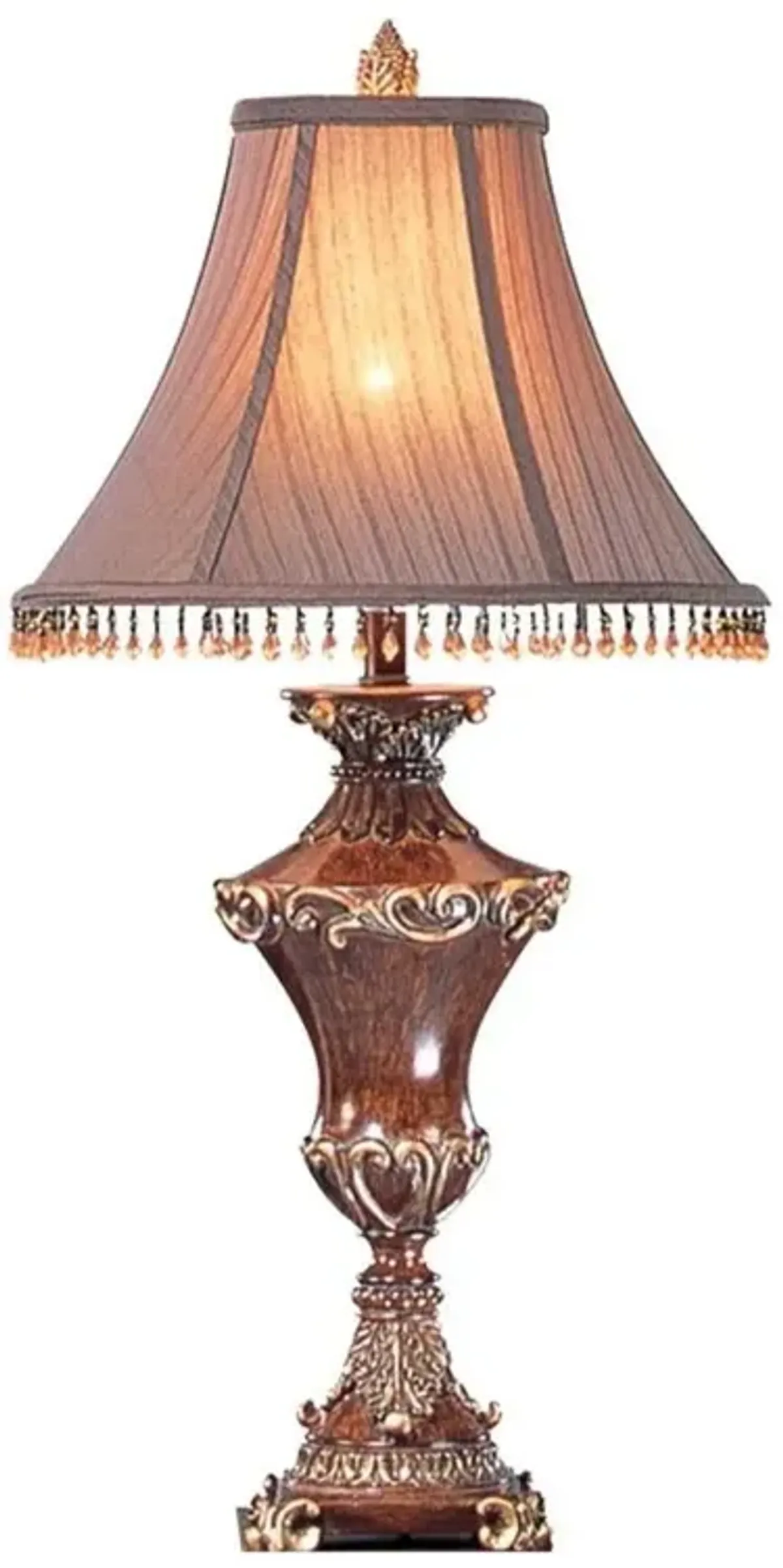 Urn Table Lamp With Brown Bell Shade And Hanging Beads - Bronze