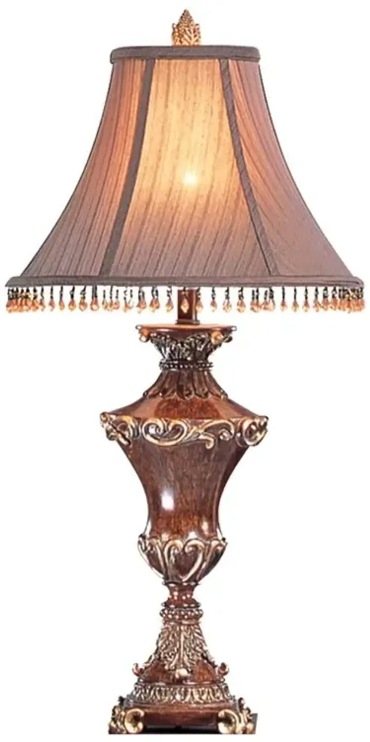 Urn Table Lamp With Brown Bell Shade And Hanging Beads - Bronze