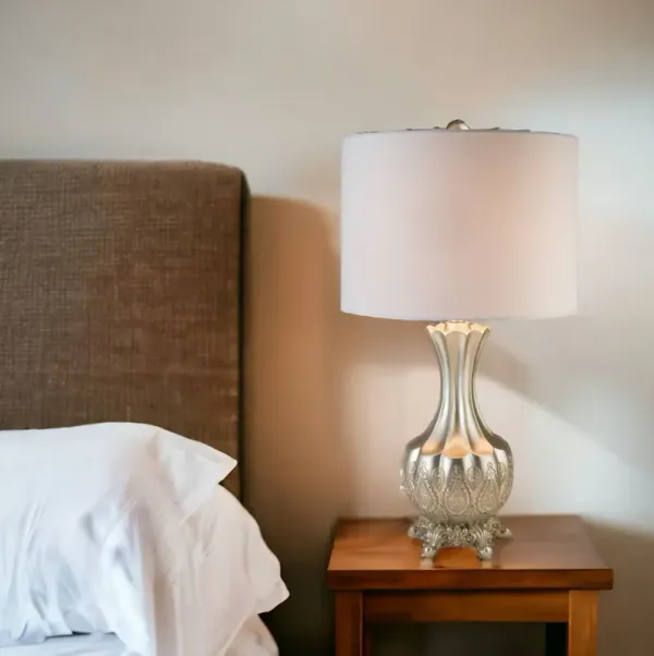 Elegant Table Lamp With White Linen Lamp Shade - Silver