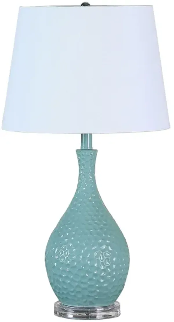 Hammered Urn Table Lamp With White Tapered Drum Shade - Aqua