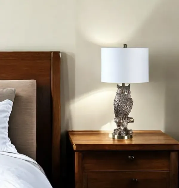 Resin Owl Table or Desk Lamp - Antiqued Silver