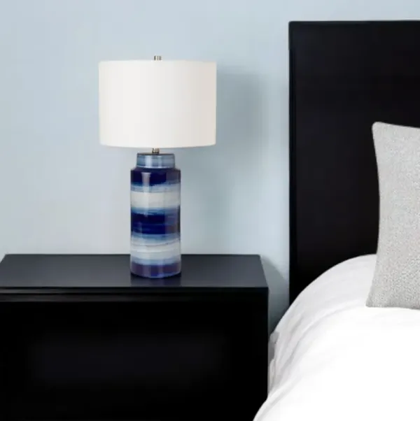 Ceramic Cylinder Table Lamps With White Drum Shade (Set of 2) - Blue And White