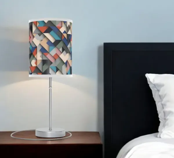 Metal Table Lamp With Ivory Blue And Gray Geometric Cylinder Shade - Silver