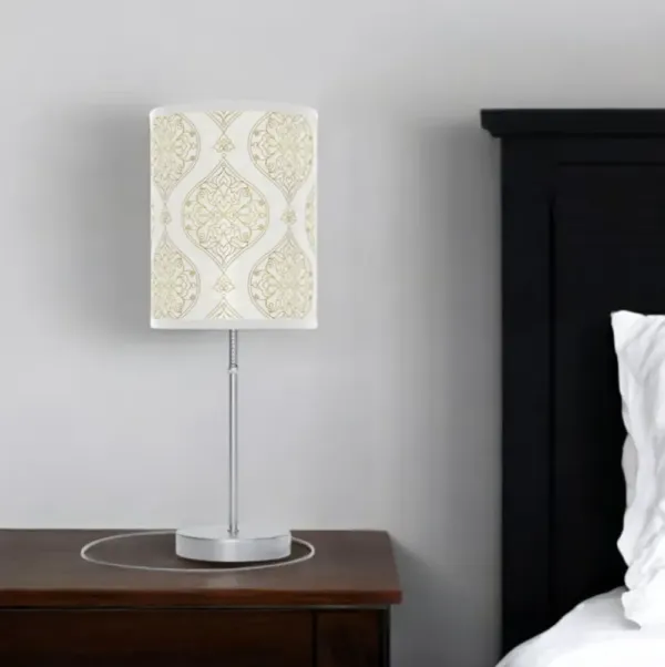 20" Metal Table Lamp With White And Gold Scroll Cylinder Shade - Silver