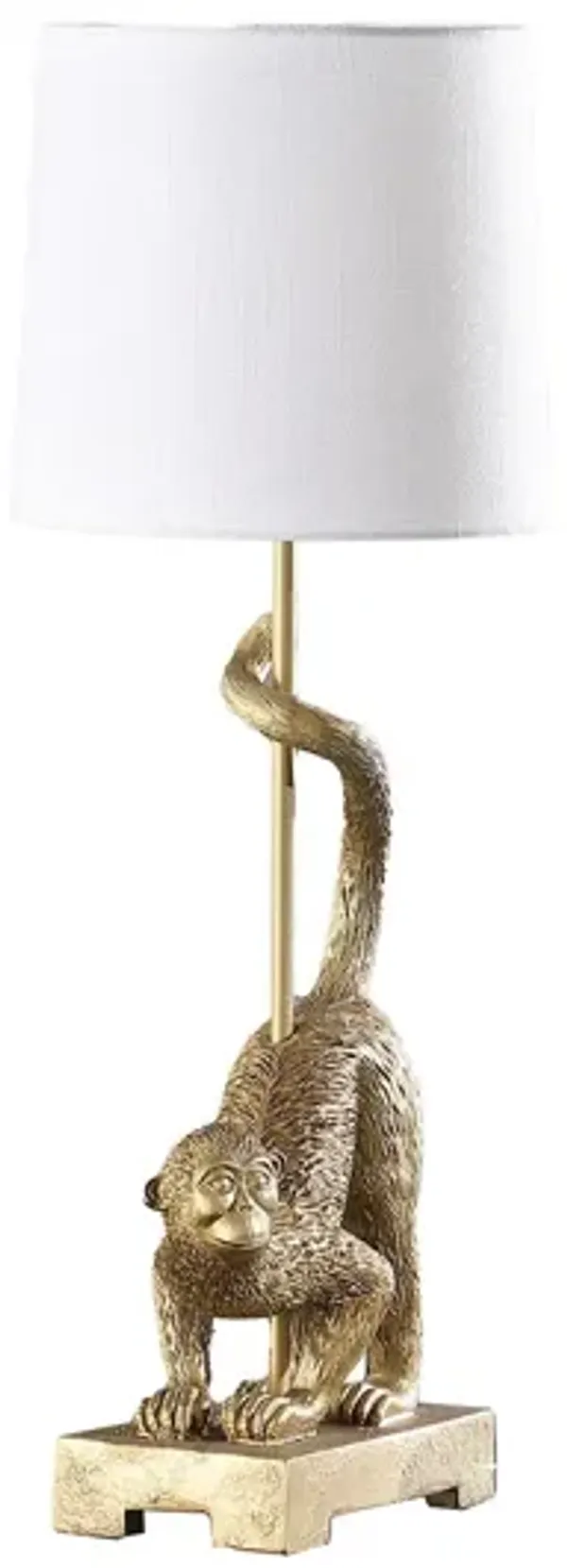 Monkey Table Lamp With White Drum Shade - Gold
