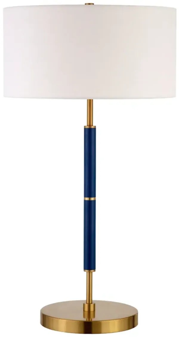 Metal Two Light Table Lamp With White Drum Shade - Blue And Gold
