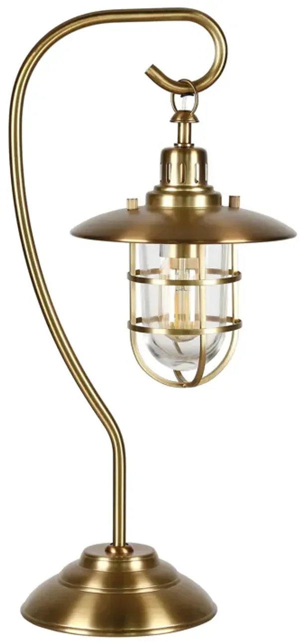 Metal Arched Table Lamp With Brass Cage Shade - Antiqued Brass