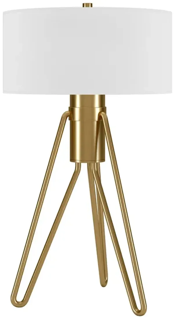 Metal Two Light Tripod Table Lamp With White Drum Shade - Brass