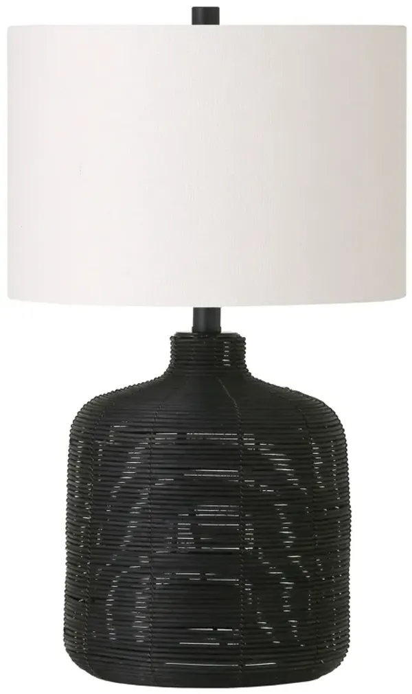 Rattan Table Lamp With White Drum Shade - Black