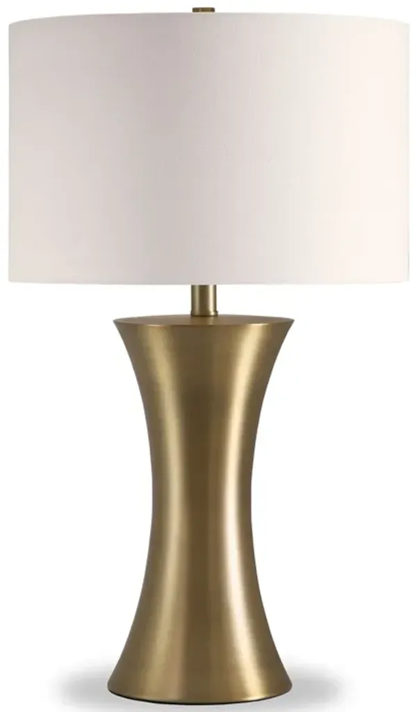 Metal Table Lamp With White Drum Shade - Antiqued Brass