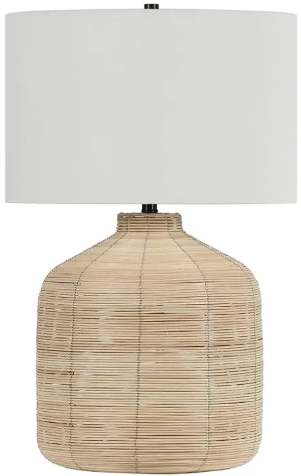 Rattan Table Lamp With White Drum Shade - Natural
