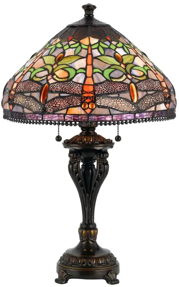 Metal Two Light Table Lamp With Purple Cone Shade - Bronze