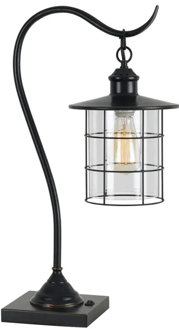 Metal Lantern Style Desk Lamp With Edison Bulb - Bronze