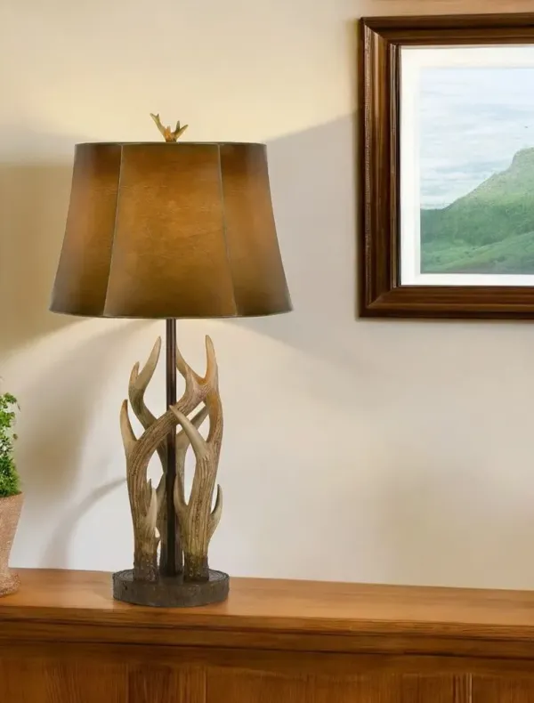 Antlers Table Lamp With Brown Drum Shade - Brown