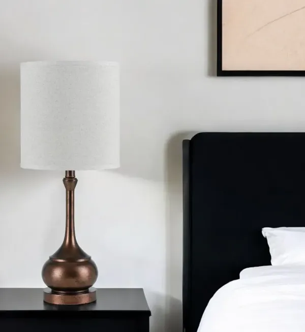 Metal Round Table Lamp With White Drum Shade - Rust