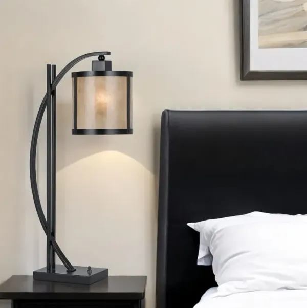 Metal Lantern Table Lamp With White Drum Shade - Black