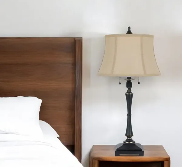 Metal Two Light Candlestick Table Lamp With Beige Empire Shade - Black