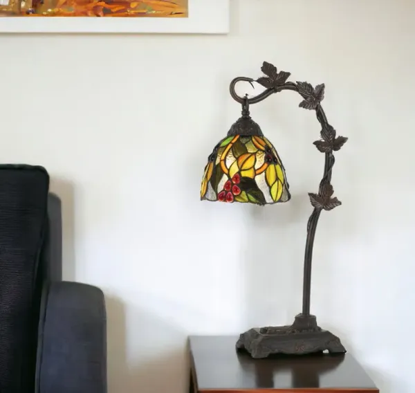 Metal Tiffany Style Table Lamp With Hanging Stained Glass Shade - Bronze