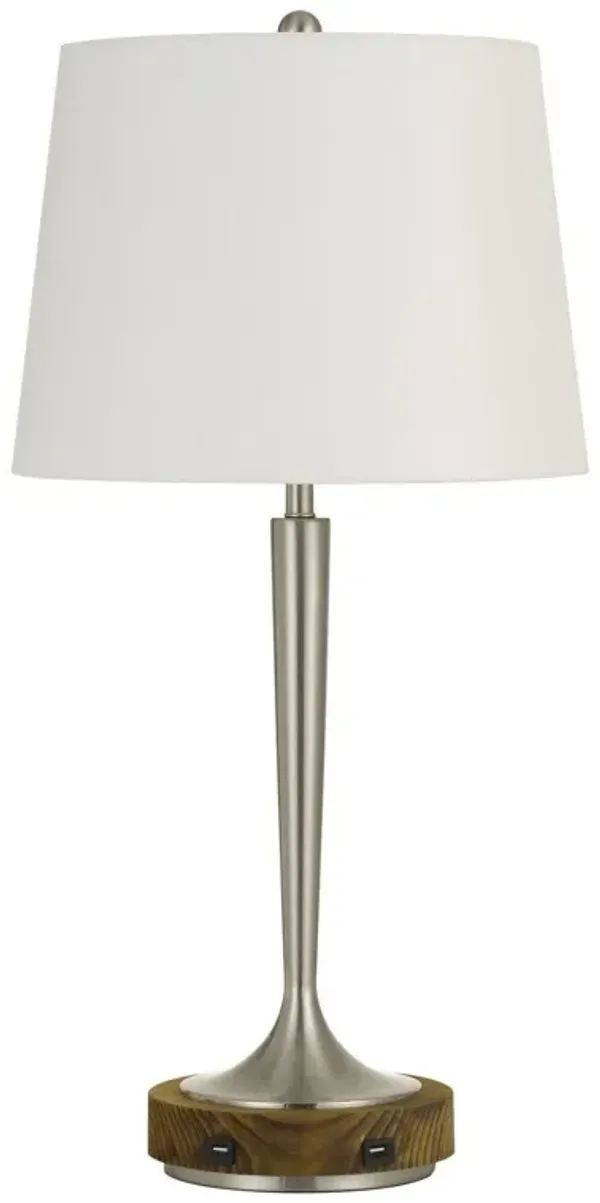 Metal USB Table Lamp With Off-White Empire Shade - Nickel