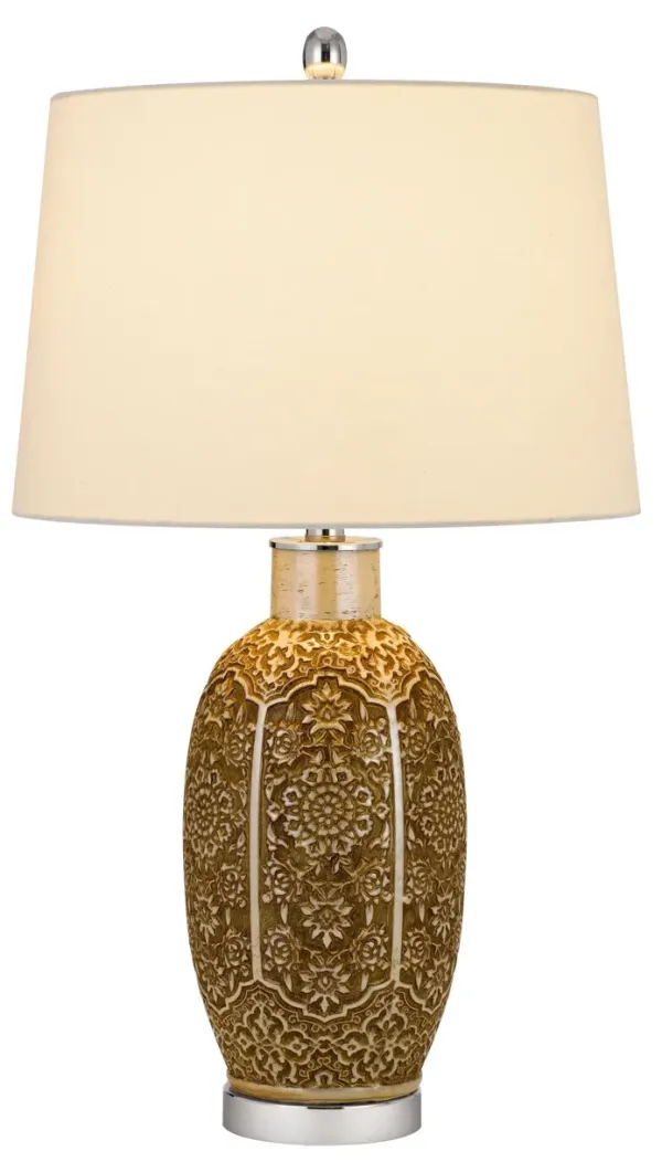 Metal Table Lamp With Off-White Empire Shade - Brown