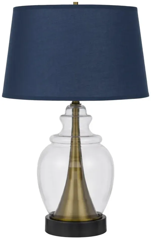 Glass Table Lamp With Navy Blue Empire Shade - Antiqued Brass