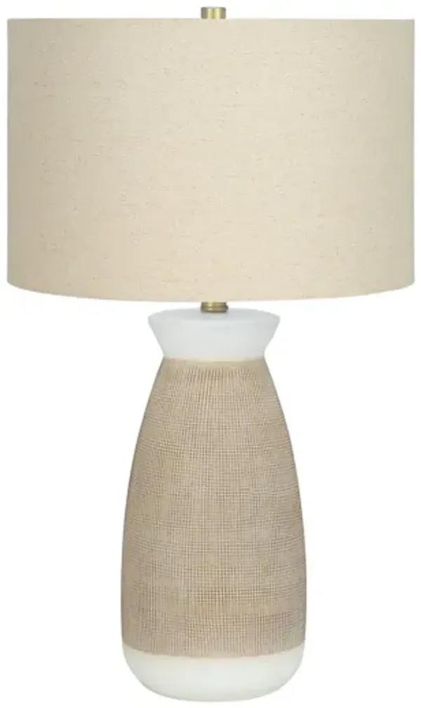 Ceramic Round Table Lamp With Beige Drum Shade - Brown And White