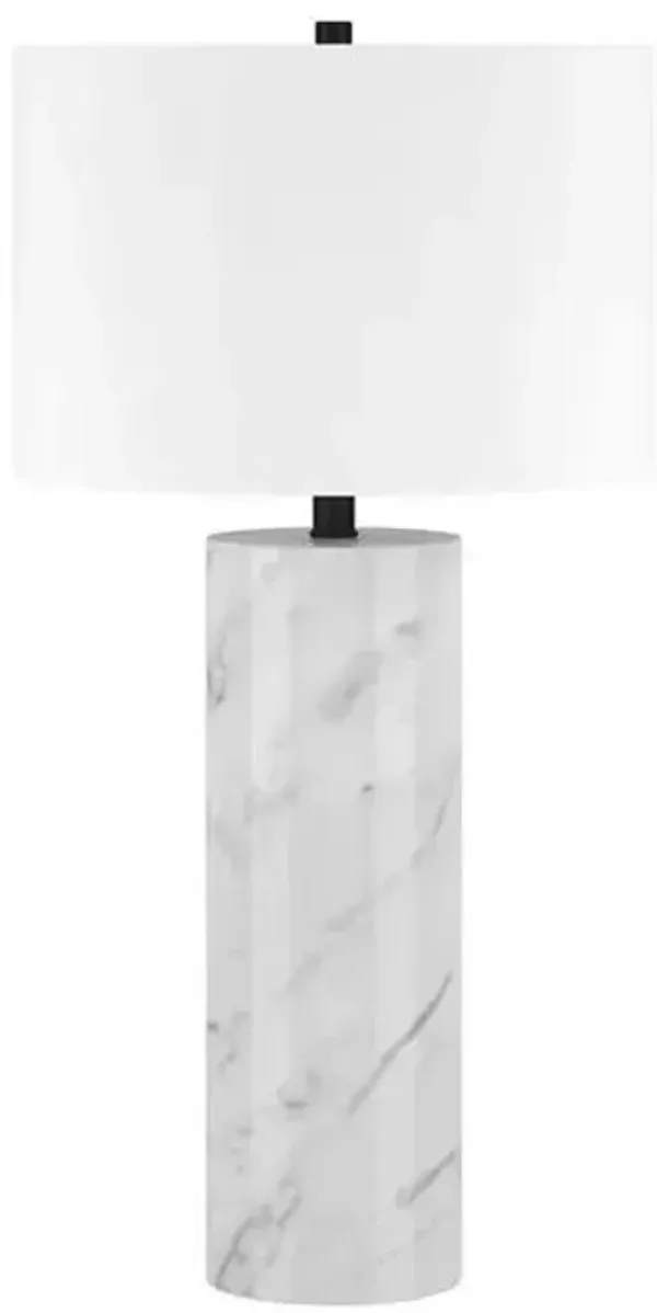 Marble Table Lamp With White Drum Shade - White And Gray