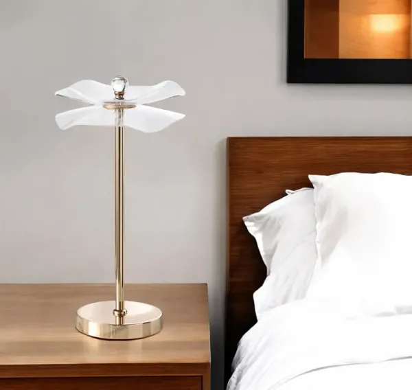 Bedside LED Lamp With Clear Acrylic Novelty Wavy Shade - Gold