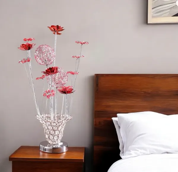 Metal And Faux Crystal Red Roses Bedside Lamp - Silver And Clear