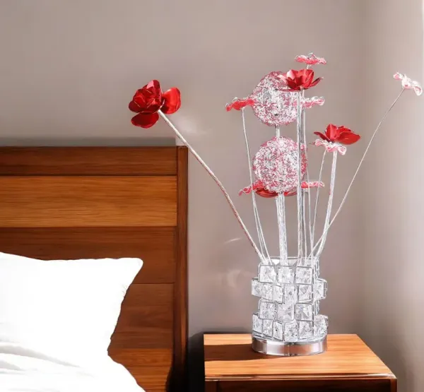 Metal And Faux Crystal Geometric And Roses Bedside Lamp - Silver And Clear