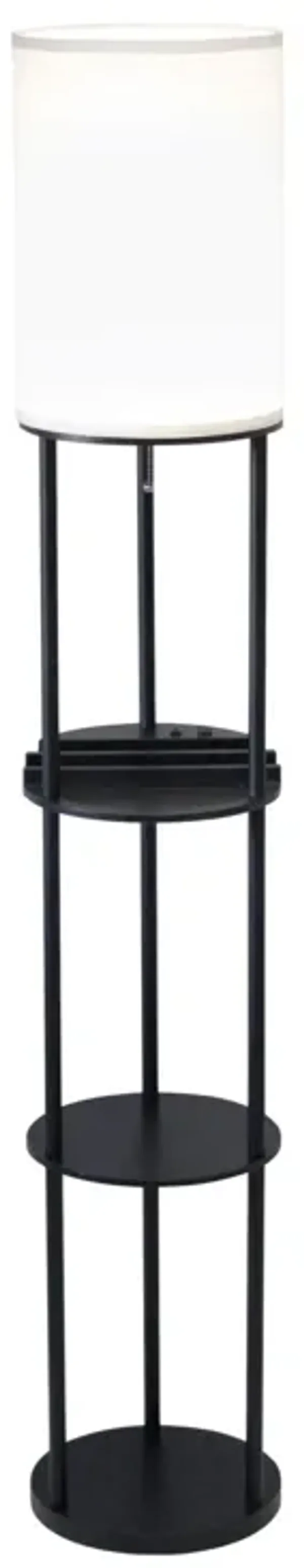 Wood Floor Lamp With Circular USB Charging Station Shelf - Black