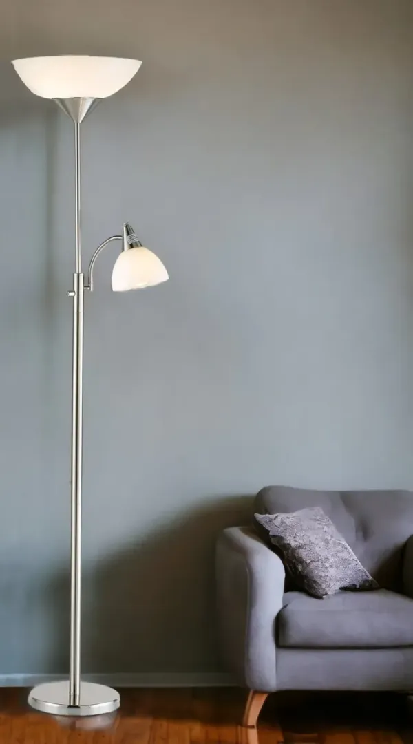 Two Light Torchiere Floor Lamp With Acrylic Bowl Shades - Silver White