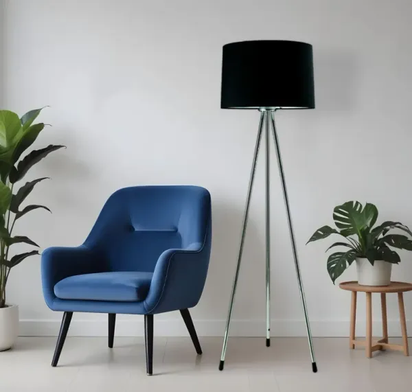 Tripod Floor Lamp With Black Fabric Drum Shade - Silver