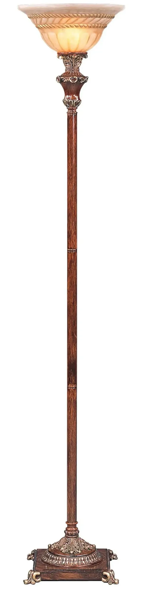 Faux Wood Torchiere Floor Lamp With Brown Stained Glass Bell Shade - Brown