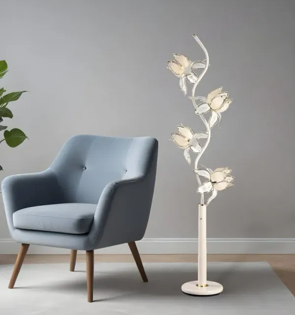 Four Light Floor Lamp With Frosted Glass Floral Shades - White And Gold