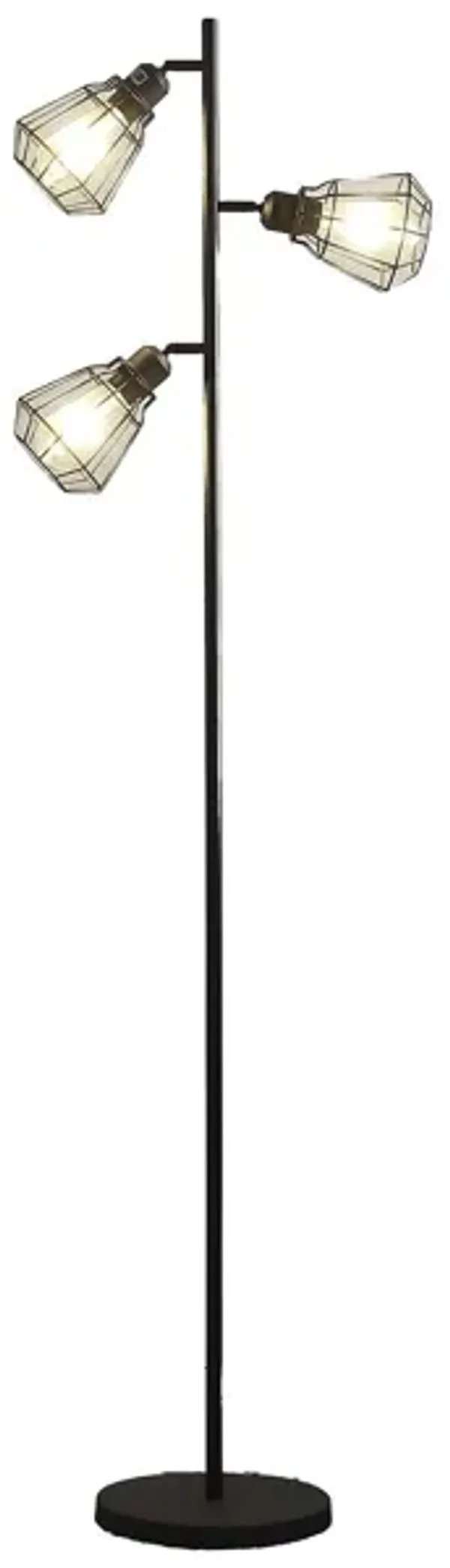 Three Light Tree Floor Lamp With Black Metal Cage Shade - Black