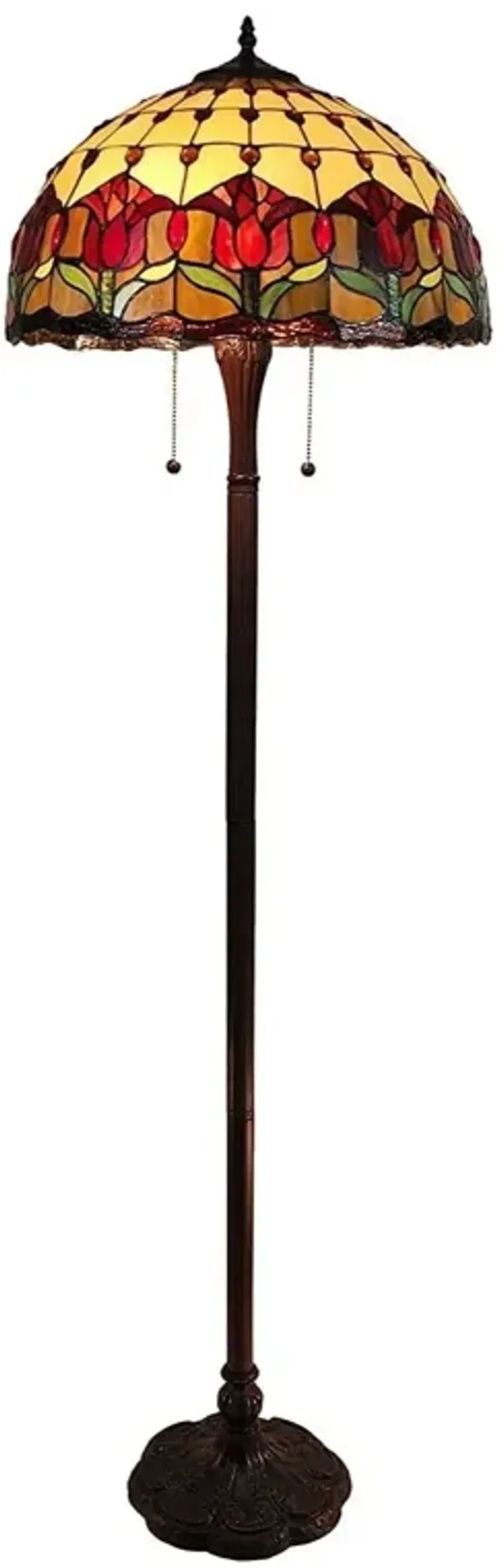 Two Light Traditional Shaped Floor Lamp With Red Flowers Stained Glass Dome Shade - Brown
