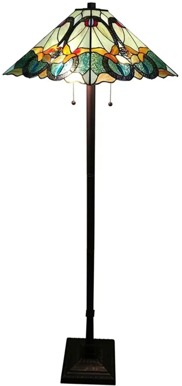 Two Light Traditional Shaped Floor Lamp With Brown And Blue Stained Glass Cone Shade - Brown