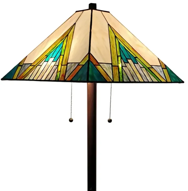 Two Light Traditional Shaped Floor Lamp With Beige Green And Blue Geometric Stained Glass Empire Shade - Brown