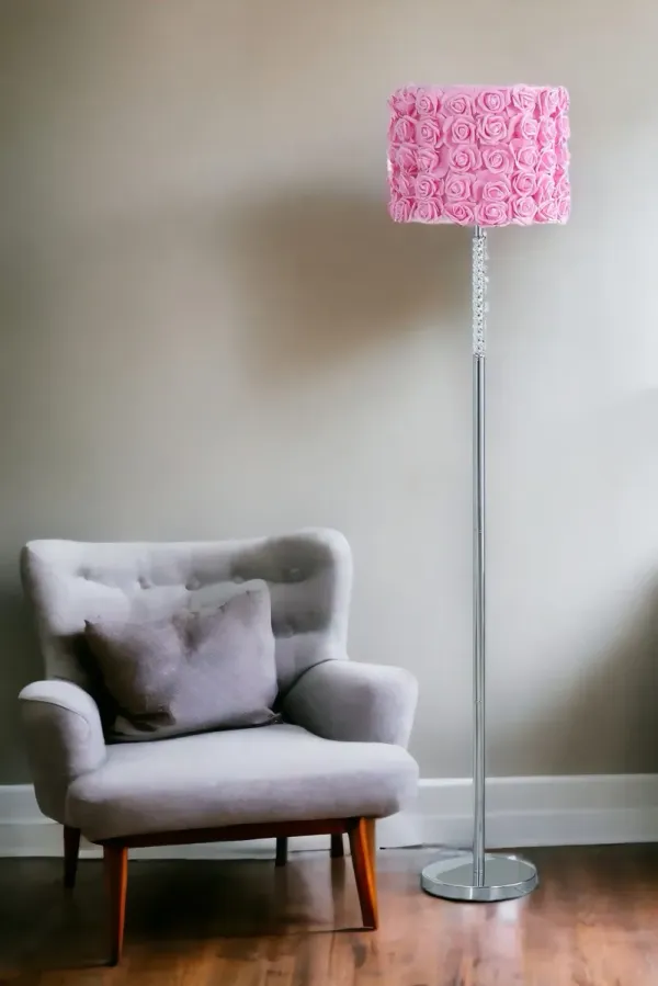 Steel And Acrylic Floor Lamp With Flowers Fabric Drum Shade - Silver Pink